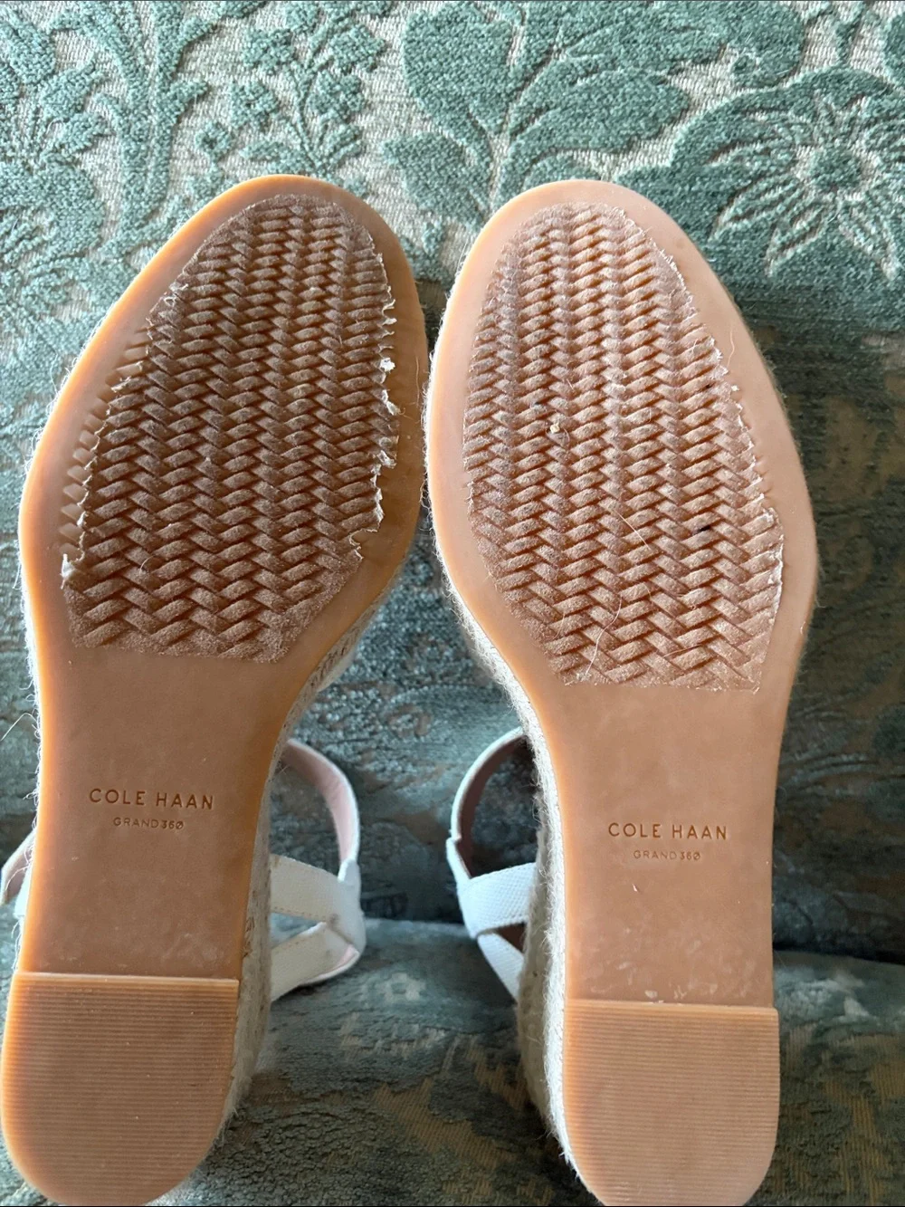 Cole Haan Cream and Tan Canvas Espadrille Wedge Sandals
